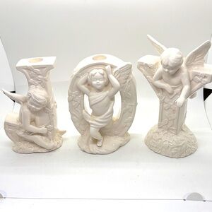 VTG Porcelain Candlesticks Joy Angels White Christmas